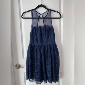 Lace Navy Fit & Flare Dress with Sheer Neckline Size XS